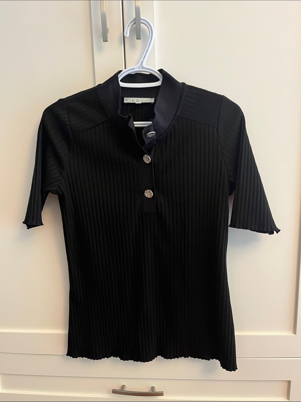 cleo Black Ribbed Polo-Style Knit Top